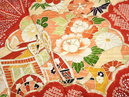 平和屋着物■豪華振袖　駒刺繍　絞り　御所車花文　金彩　正絹　逸品　DABJ0243qa