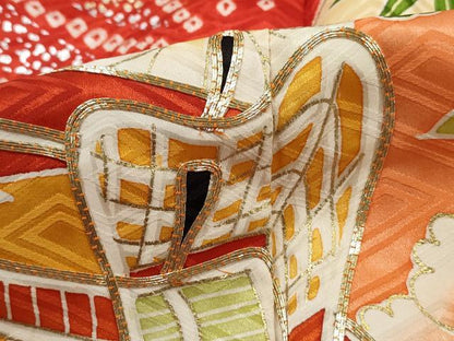 平和屋着物■豪華振袖　駒刺繍　絞り　御所車花文　金彩　正絹　逸品　DABJ0243qa