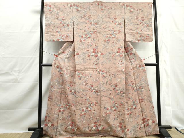 平和屋着物■上質な小紋　草花文　お召縮緬　正絹　逸品　DABJ0248qa