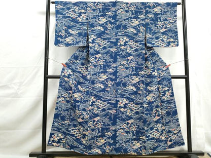 平和屋着物■上質な小紋　藍　型染め　風景花文　鬼しぼ縮緬　正絹　逸品　DABJ0253qa