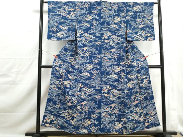 平和屋着物■上質な小紋　藍　型染め　風景花文　鬼しぼ縮緬　正絹　逸品　DABJ0253qa