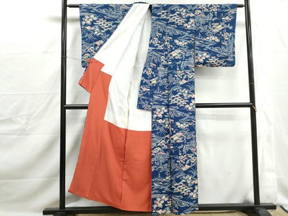 平和屋着物■上質な小紋　藍　型染め　風景花文　鬼しぼ縮緬　正絹　逸品　DABJ0253qa