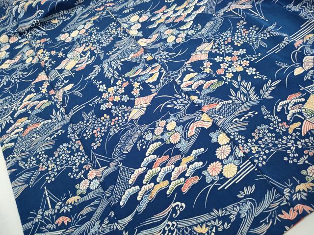 平和屋着物■上質な小紋　藍　型染め　風景花文　鬼しぼ縮緬　正絹　逸品　DABJ0253qa