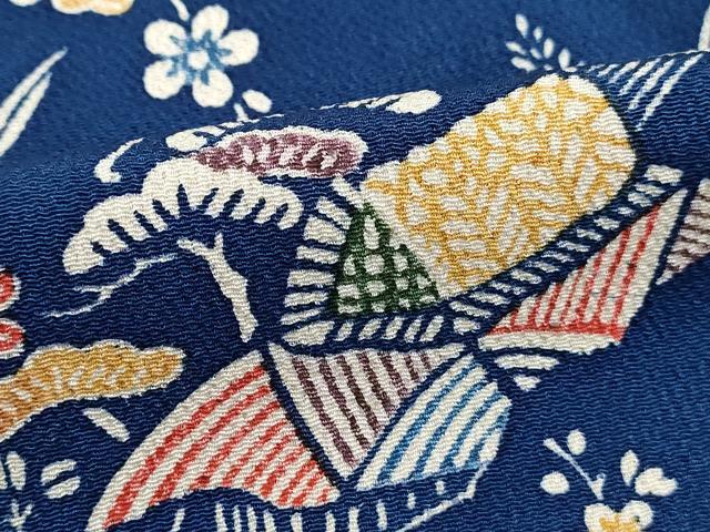 平和屋着物■上質な小紋　藍　型染め　風景花文　鬼しぼ縮緬　正絹　逸品　DABJ0253qa