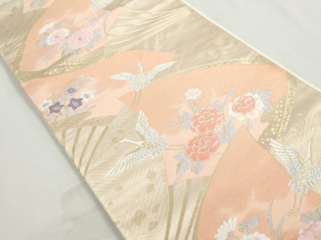 平和屋着物◎六通柄袋帯　扇面飛鶴花文　金糸　正絹　逸品　DABJ0273qa