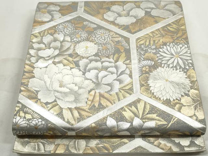 平和屋着物◎太鼓柄袋帯　刺繍　亀甲花文　牡丹　金銀彩　正絹　逸品　DABJ0274qa