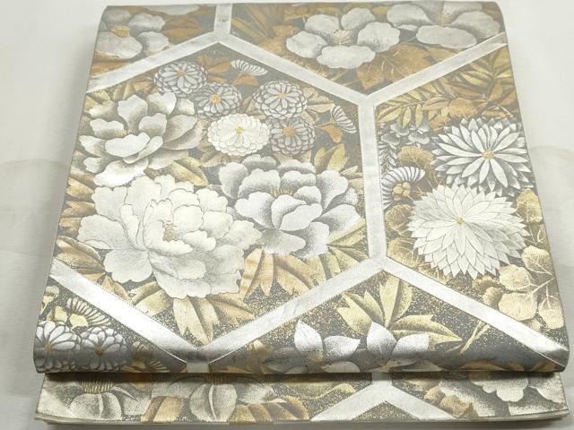 平和屋着物◎太鼓柄袋帯　刺繍　亀甲花文　牡丹　金銀彩　正絹　逸品　DABJ0274qa