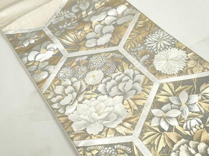 平和屋着物◎太鼓柄袋帯　刺繍　亀甲花文　牡丹　金銀彩　正絹　逸品　DABJ0274qa