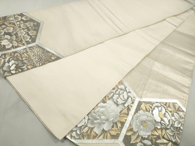 平和屋着物◎太鼓柄袋帯　刺繍　亀甲花文　牡丹　金銀彩　正絹　逸品　DABJ0274qa