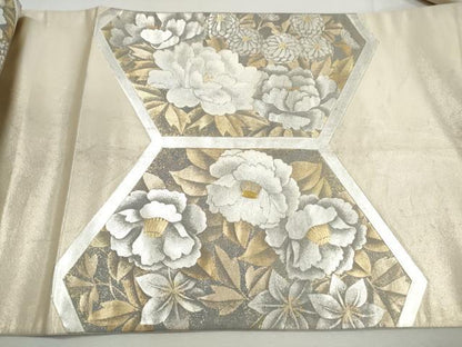 平和屋着物◎太鼓柄袋帯　刺繍　亀甲花文　牡丹　金銀彩　正絹　逸品　DABJ0274qa