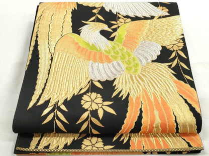 平和屋着物◎六通柄袋帯　花鳥文　鳳凰　黒地　金銀糸　正絹　逸品　DABJ0275qa
