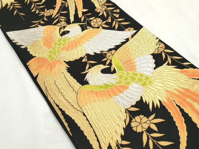 平和屋着物◎六通柄袋帯　花鳥文　鳳凰　黒地　金銀糸　正絹　逸品　DABJ0275qa