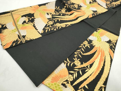 平和屋着物◎六通柄袋帯　花鳥文　鳳凰　黒地　金銀糸　正絹　逸品　DABJ0275qa