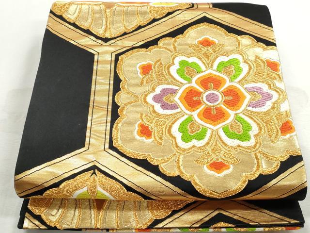 平和屋着物◎六通柄袋帯　唐織　亀甲正倉院花文　黒地　金糸　正絹　逸品　DABJ0277qa