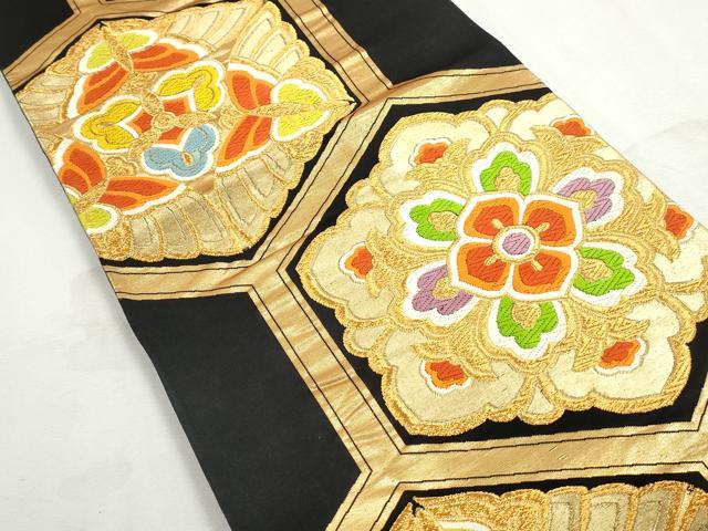 平和屋着物◎六通柄袋帯　唐織　亀甲正倉院花文　黒地　金糸　正絹　逸品　DABJ0277qa