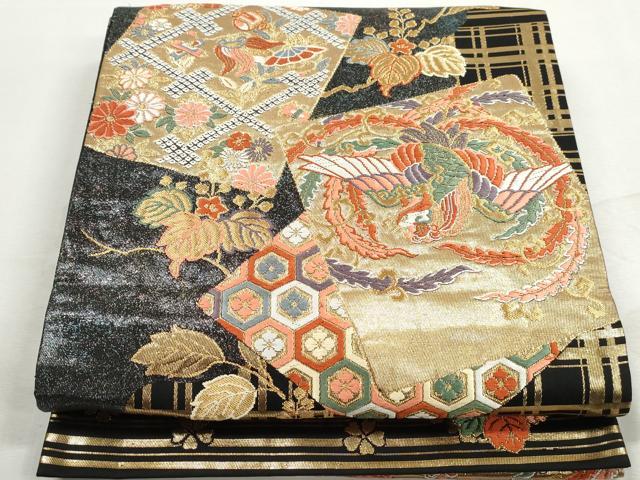 平和屋着物◎太鼓柄袋帯　唐織　色紙鳳凰花文　黒地　金糸　正絹　逸品　DABJ0283qa