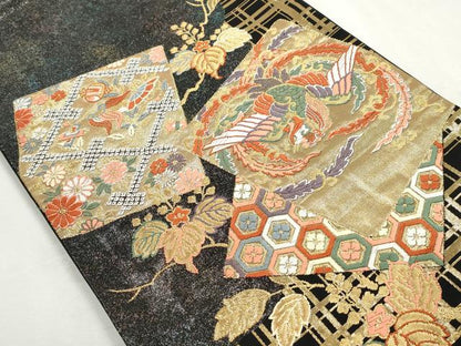 平和屋着物◎太鼓柄袋帯　唐織　色紙鳳凰花文　黒地　金糸　正絹　逸品　DABJ0283qa