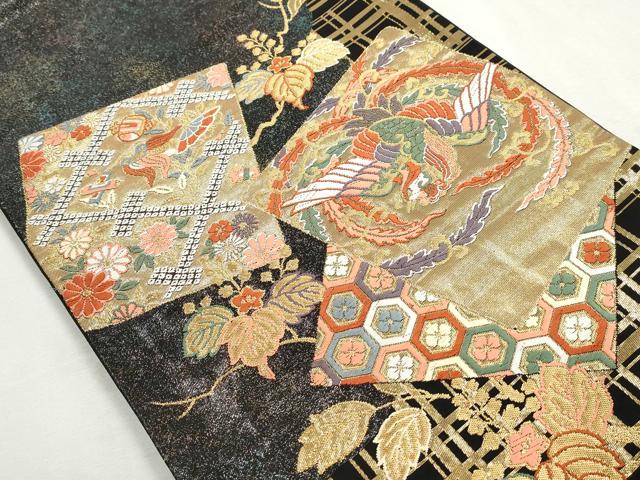 平和屋着物◎太鼓柄袋帯　唐織　色紙鳳凰花文　黒地　金糸　正絹　逸品　DABJ0283qa