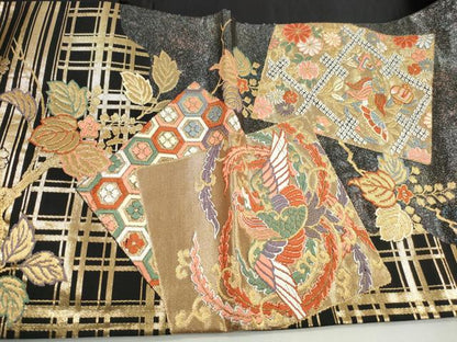 平和屋着物◎太鼓柄袋帯　唐織　色紙鳳凰花文　黒地　金糸　正絹　逸品　DABJ0283qa
