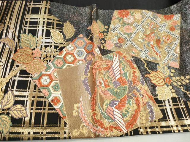 平和屋着物◎太鼓柄袋帯　唐織　色紙鳳凰花文　黒地　金糸　正絹　逸品　DABJ0283qa