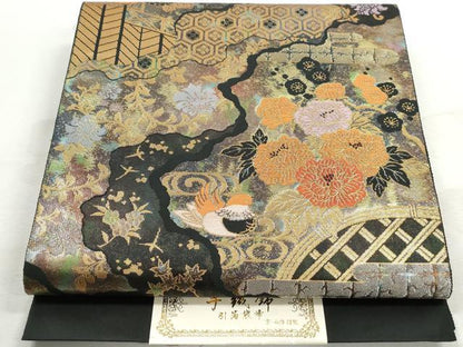 平和屋着物◎西陣　六通柄袋帯　道長花蝶文　手織錦　黒地　金銀糸　引箔　正絹　逸品　DABJ0288qa