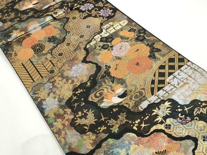平和屋着物◎西陣　六通柄袋帯　道長花蝶文　手織錦　黒地　金銀糸　引箔　正絹　逸品　DABJ0288qa