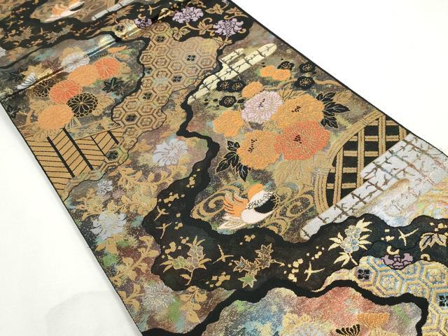 平和屋着物◎西陣　六通柄袋帯　道長花蝶文　手織錦　黒地　金銀糸　引箔　正絹　逸品　DABJ0288qa