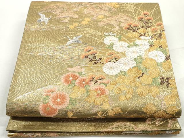 平和屋着物◎六通柄袋帯　唐織　飛鶴浜松文　金糸　正絹　逸品　DABJ0311qa