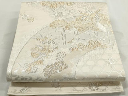 平和屋着物◎全通柄袋帯　地紙花鳥文　美保姿　金銀糸　正絹　逸品　DABJ0315qa