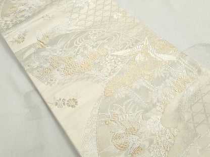 平和屋着物◎全通柄袋帯　地紙花鳥文　美保姿　金銀糸　正絹　逸品　DABJ0315qa
