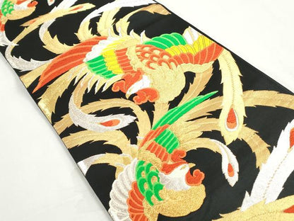 平和屋着物◎六通柄袋帯　唐織　鳳凰文　黒地　金銀糸　正絹　逸品　DABJ0321qa