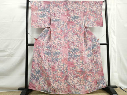 平和屋着物■上質な小紋　流水花鳥文　暈し染め　鬼しぼ縮緬　正絹　逸品　DABJ0334qa