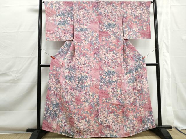 平和屋着物■上質な小紋　流水花鳥文　暈し染め　鬼しぼ縮緬　正絹　逸品　DABJ0334qa