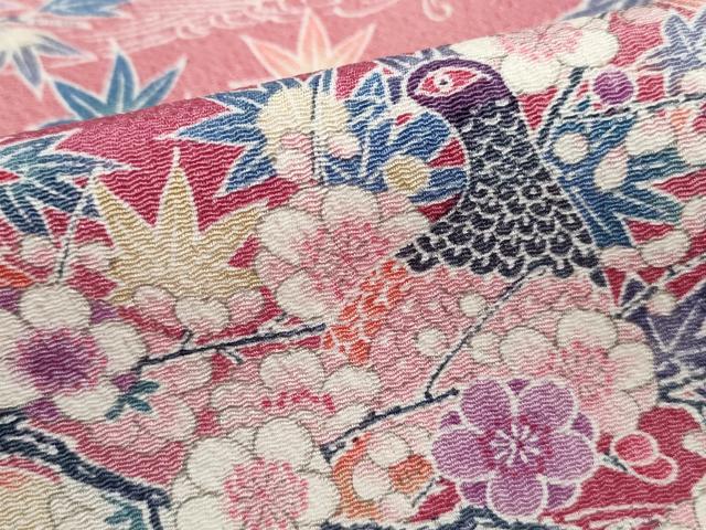 平和屋着物■上質な小紋　流水花鳥文　暈し染め　鬼しぼ縮緬　正絹　逸品　DABJ0334qa