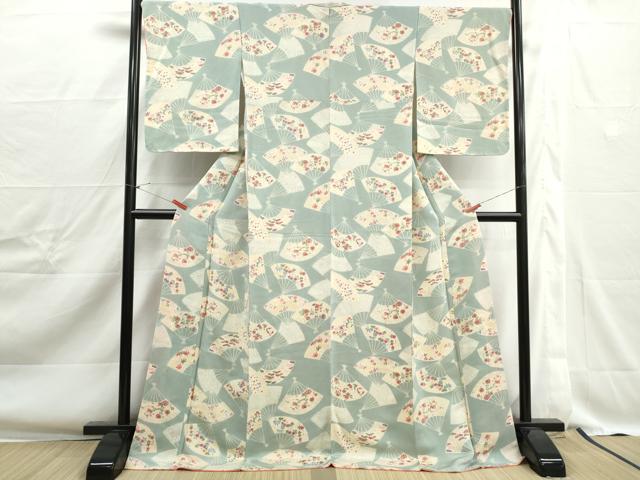 平和屋着物■上質な小紋　扇面花文　金彩　鬼しぼ縮緬　ロング丈　正絹　逸品　DABJ0341qa
