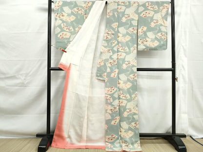 平和屋着物■上質な小紋　扇面花文　金彩　鬼しぼ縮緬　ロング丈　正絹　逸品　DABJ0341qa