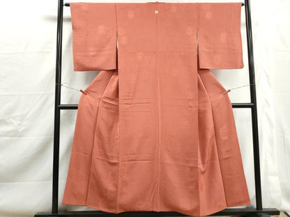 平和屋着物■上質な色無地　亀甲花地紋　鉛丹色　正絹　逸品　DABJ0346qa