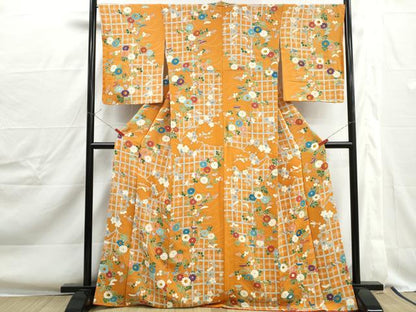 平和屋着物■上質な小紋　格子草花文　金彩　鬼しぼ縮緬　正絹　逸品　DABJ0348qa