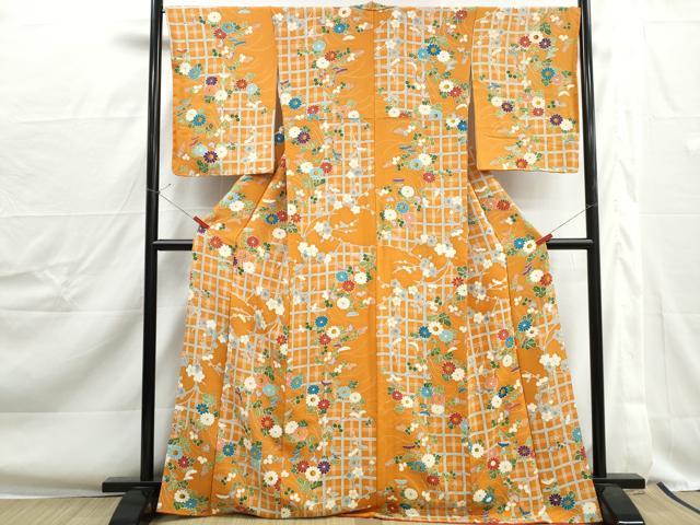 平和屋着物■上質な小紋　格子草花文　金彩　鬼しぼ縮緬　正絹　逸品　DABJ0348qa