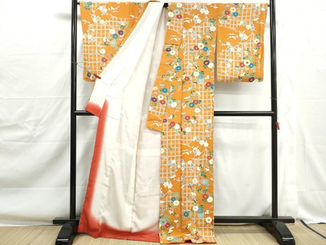 平和屋着物■上質な小紋　格子草花文　金彩　鬼しぼ縮緬　正絹　逸品　DABJ0348qa