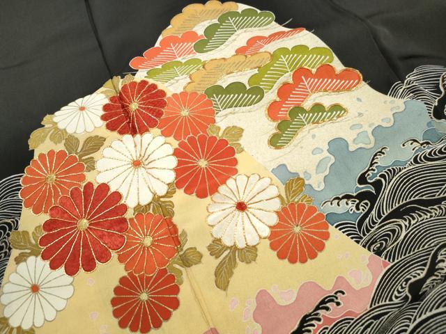 平和屋着物■豪華黒留袖　駒刺繍　立波花松文　金彩　正絹　逸品　DABJ0386qa