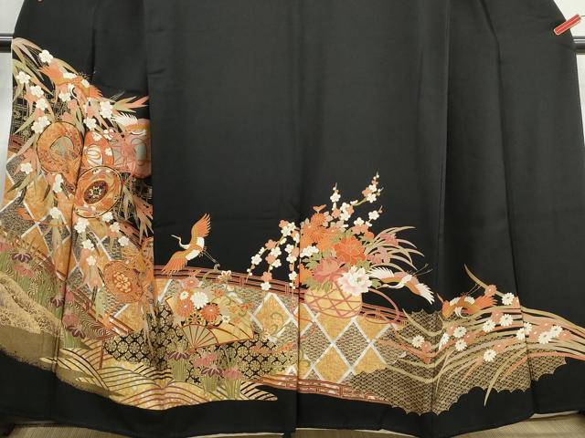 平和屋着物■豪華黒留袖　駒刺繍　飛鶴花鼓文　金彩　正絹　逸品　DABJ0396qa