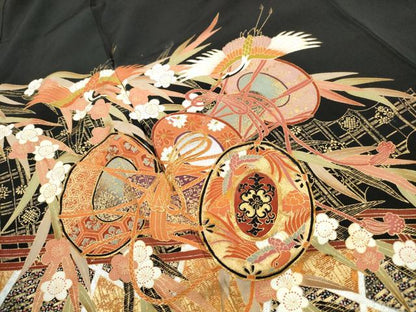 平和屋着物■豪華黒留袖　駒刺繍　飛鶴花鼓文　金彩　正絹　逸品　DABJ0396qa