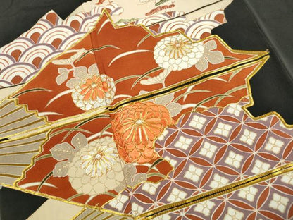 平和屋着物■豪華黒留袖　駒刺繍　扇面花文　金銀彩　正絹　逸品　DABJ0399qa