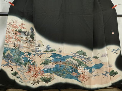 平和屋着物■豪華黒留袖　作家物　風景花文　暈し染め　金彩　正絹　逸品　DABJ0403qa