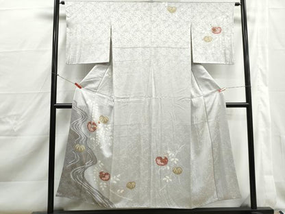 平和屋着物■訪問着　絞り　刺繍　流水草花文　金糸　正絹　逸品　DABJ0409qa