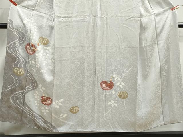 平和屋着物■訪問着　絞り　刺繍　流水草花文　金糸　正絹　逸品　DABJ0409qa