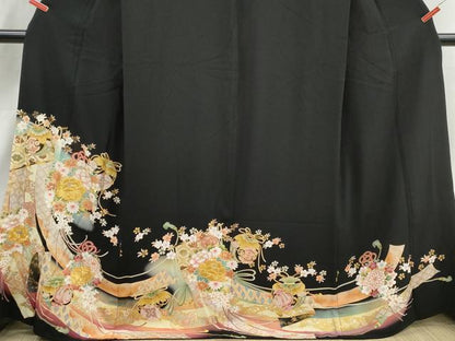 平和屋着物■豪華黒留袖　駒刺繍　几帳花文　牡丹　宝尽くし　暈し染め　金彩　正絹　逸品　DABJ0415qa