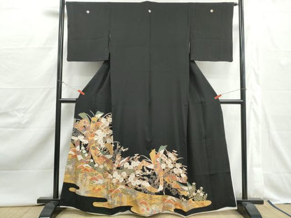 平和屋着物■豪華黒留袖　駒刺繍　束ね熨斗花鳥文　金彩　正絹　逸品　DABJ0418qa