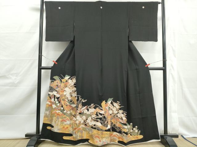 平和屋着物■豪華黒留袖　駒刺繍　束ね熨斗花鳥文　金彩　正絹　逸品　DABJ0418qa